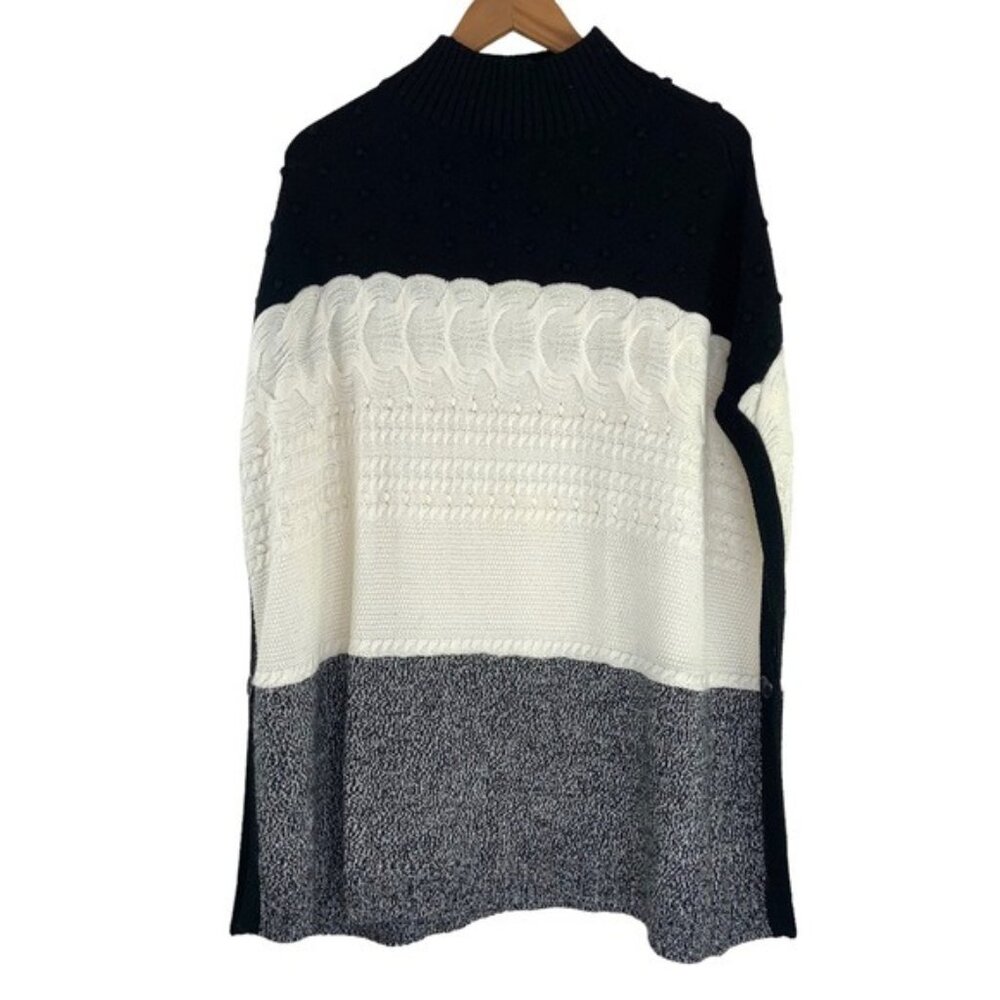 Talbots Knit Colorblocked Poncho Grey Black Cream